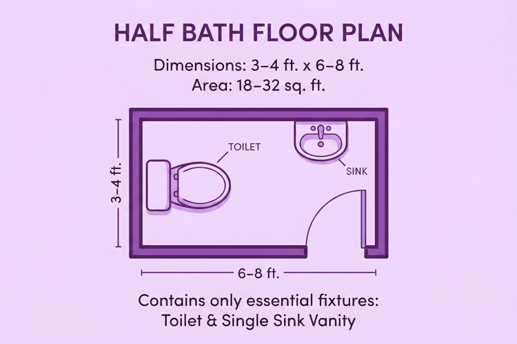 half bath floor plan diagram, including the total dimensions, area, and important fixtures