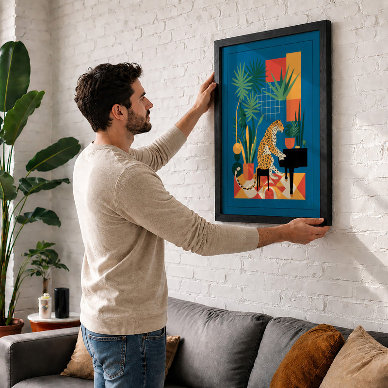 Leopard at the Piano Mid-Century - Framed Print, Black, A4 - 29.7 x 21.0 cm