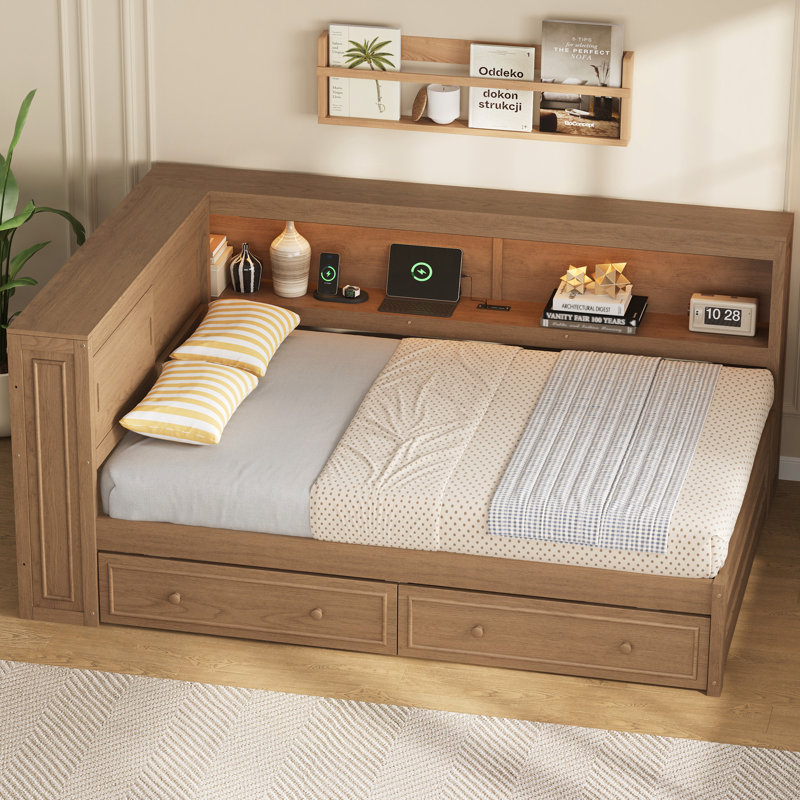 Lit de jour en bois avec tablettes de rangement, USB, DEL et 2 tiroirs, Bois