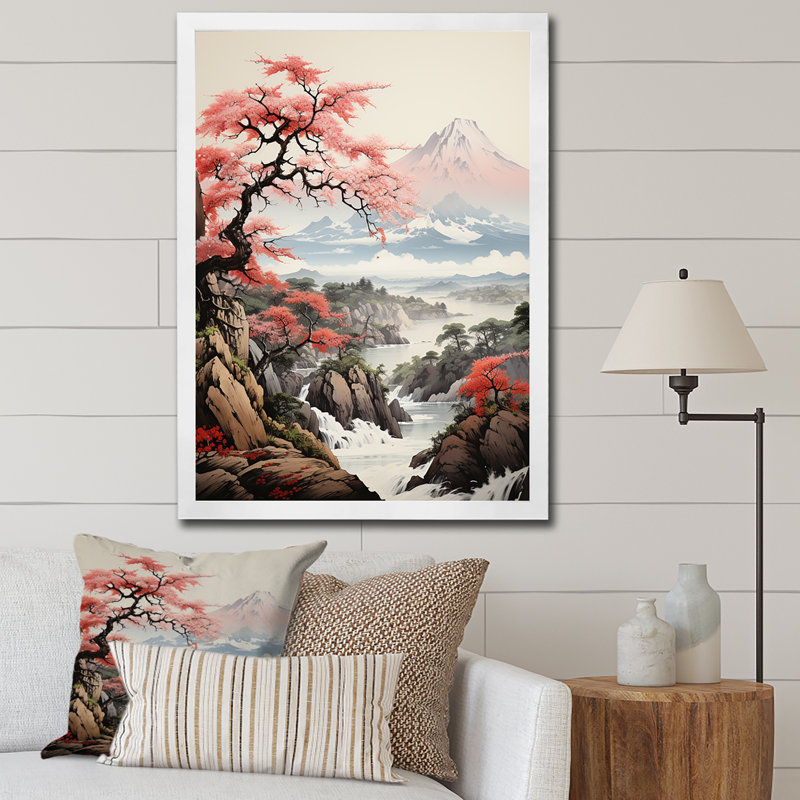 Rose, montagne du Japon, printemps, fleurs de cerisier V - Japon, art mural, H 40 po x l 30 po, Encadrement doré