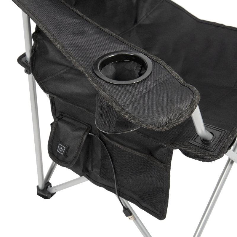Camp & Go Heated Deluxe Quad Outdoor Camping Chair, Folding Heated Chair with 18" USB Cable, Storage Compartment, and Cup Holders, Black