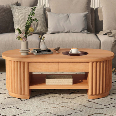 Table basse ovale cannelée de style Mid-Century avec tiroirs, table de cocktail en bois trempé à 2 niveaux, table de rangement centrale pour le salon