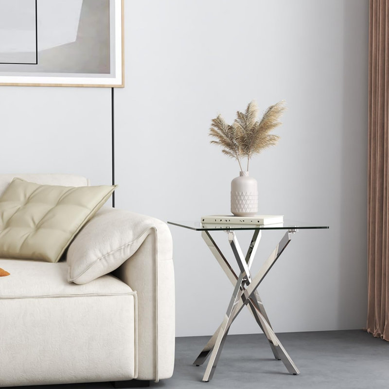 Small Glass End Table with Chrome Legs for Living Room, Square Side Table