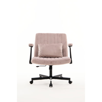 Pink Cross Armrest Office Chair With Wheels And Tilt Mechanism - Suitable For Home Reading | Ergonomic Design Back Support Modern Comfortable Ideal Indoor Workspaces Soft Linen Upholstery, Breathable