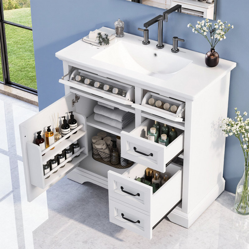 Meuble-lavabo blanc 36 po avec lavabo et rangement en céramique, White