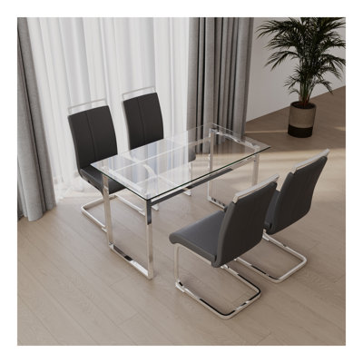 Ensemble de table de salle à manger de 51 pouces en verre pour 4 personnes, ensemble de table de salle à manger et chaises avec pieds plaqués pour la cuisine, plateau de table rectangulaire moderne en verre trempé et chaise de salle à manger en polyu