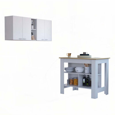 Ensemble de cuisine 2 pièces à 4 tablettes, 4 portes, 1 armoire murale et 1 îlot de cuisine blanc et chêne clair Sierra