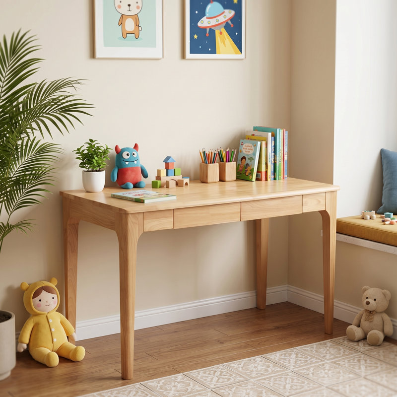 Bureau moderne en bois massif avec tiroirs, bureau à domicile à bords lisses pour petits espaces, bureau de travail pour chambre à coucher