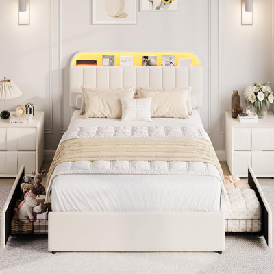 Base de lit tapissier grand format en velours avec tête de lit réglable, 2 tiroirs réversibles sous le lit, lumières à DEL RVB contrôlées par l'application, support à lattes de bois, aucun sommier nécessaire, blanc