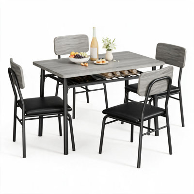 Ensemble de table de salle à manger 5 pièces peu encombrant, table rectangulaire en panneau de fibres à densité moyenne avec support de rangement et 4 chaises rembourrées, ensemble de cuisine d'appoint en grain de bois gris