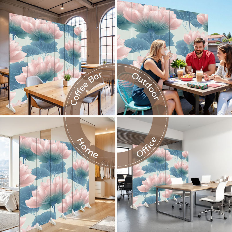 Cloison pliante à 6 panneaux avec paravent en toile de fleur de lotus rose et bleu, 6, H 71 po x l 96 po x P 1 po