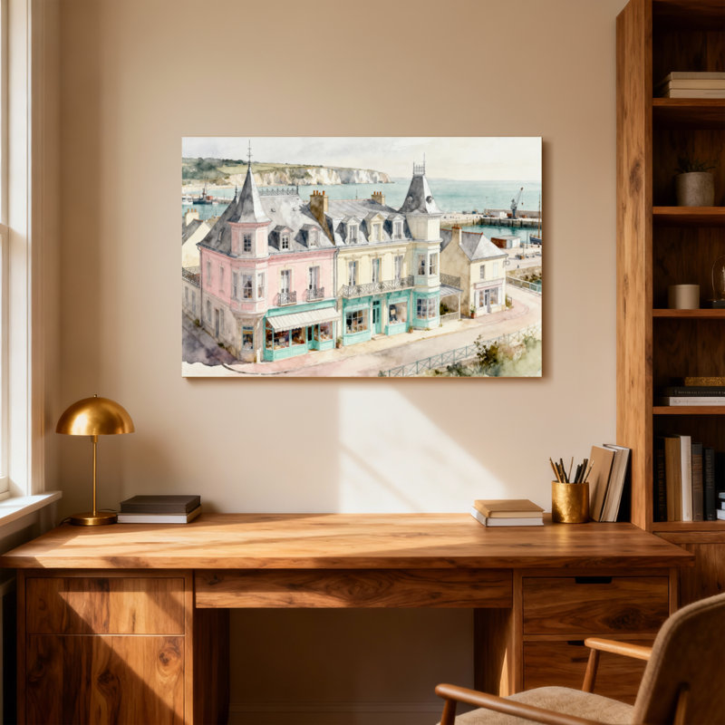 Scène d'aquarelle de ville côtière charmante, H 12 po x l 18 po