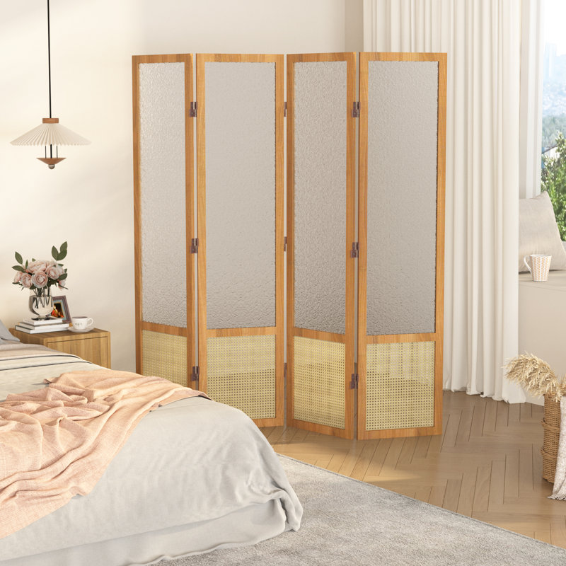 Cloison 4 panneaux en bois - Cloison de 67 po de hauteur en rotin et acrylique avec cadre en bois massif, paravent pliable en verre givré, cloisons murales autoportantes pour bureau de chambre à coucher, naturel