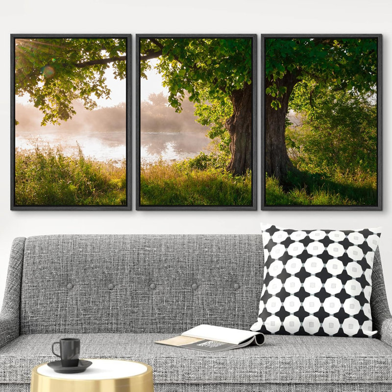 Nature paysage chêne en pleine feuille en été debout seul - ensemble de 3 reproductions de photos, H 36 po x l 72 po, Noir