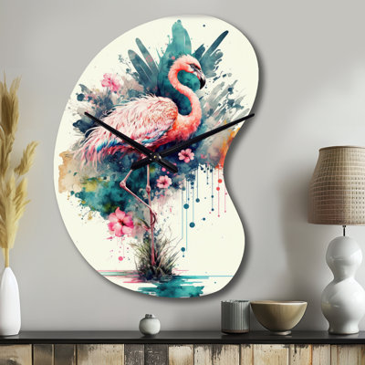 Mignon flamants roses, art floral III - Flamingo, forme irrégulière, horloge murale