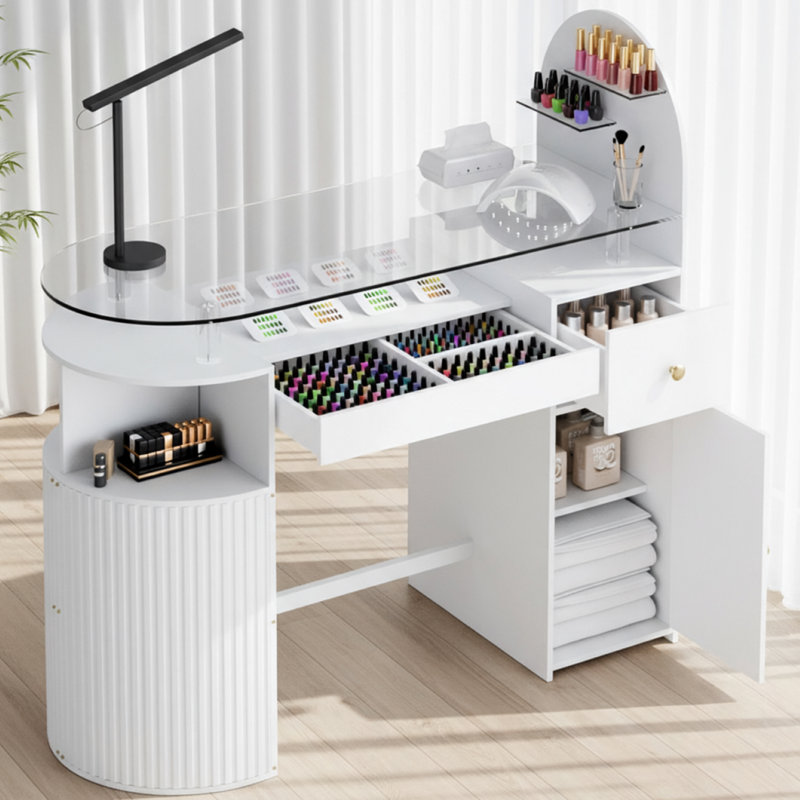 Station de manucure avec plateau en verre trempé, bureau professionnel avec armoire de rangement et tiroir, Blanc