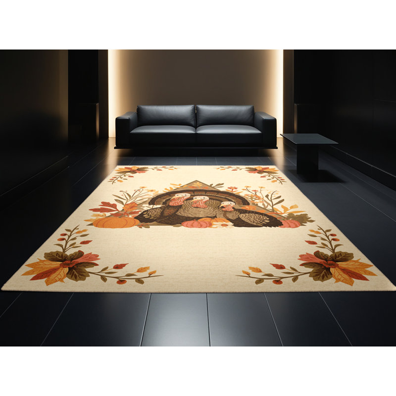 Machine Washable Highbridge Thanksgiving Modern & Contemporary Abstract Rug in Beige – Beige Binding, 2x5