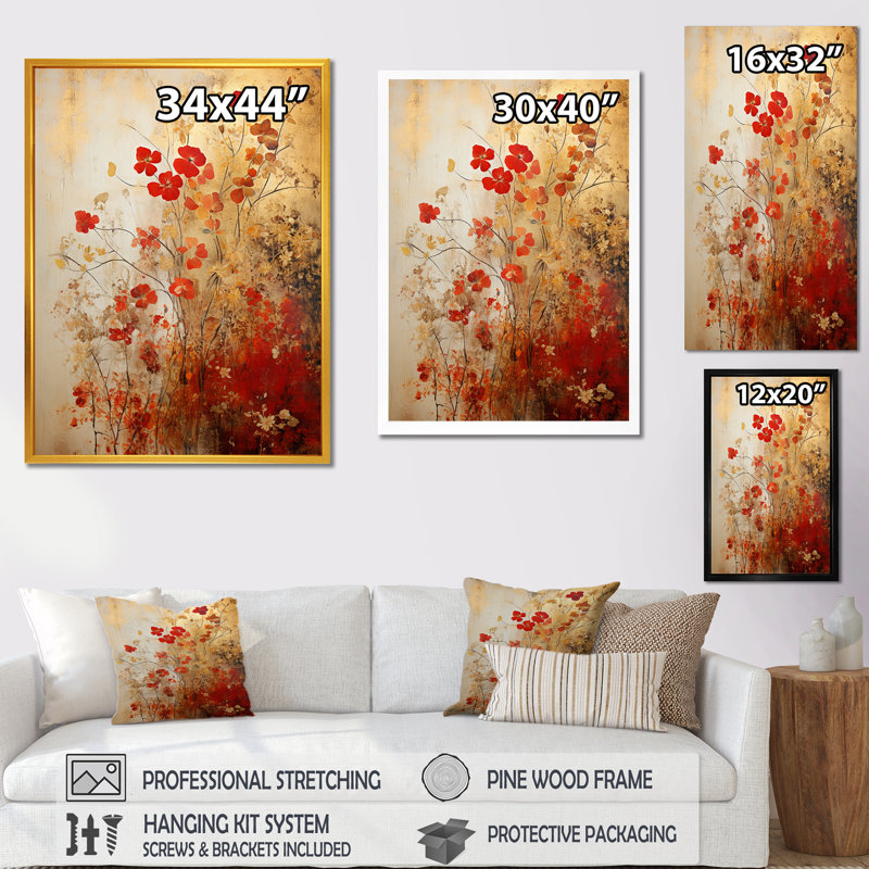 «God and Red Floral Japanese Tiles I», art mural botanique, Toile tendue, H 32 po x l 24 po x P 1 po