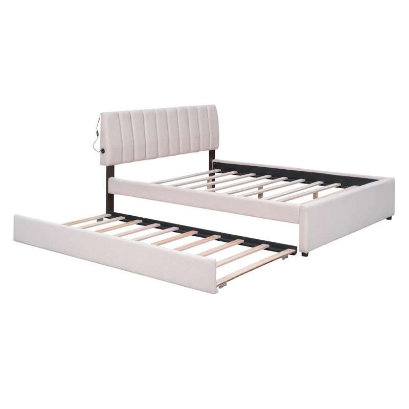 Lit plateforme tapissier grand avec lit gigogne simple TG Teddy, Beige, Grand lit