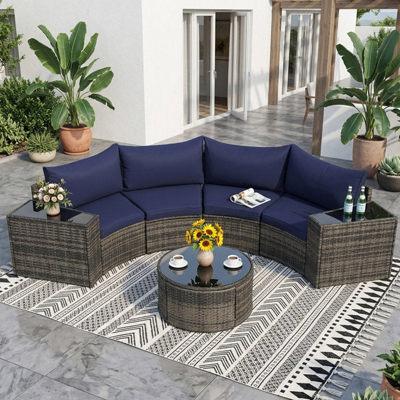 Ensemble de conversation modulaire en osier 7 pièces avec conversation et coussins 7 pièces, beige, Bleu très foncé