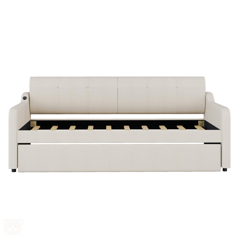 Twin Size Upholstery Daybed With Trundle And USB Charging Design, Beige