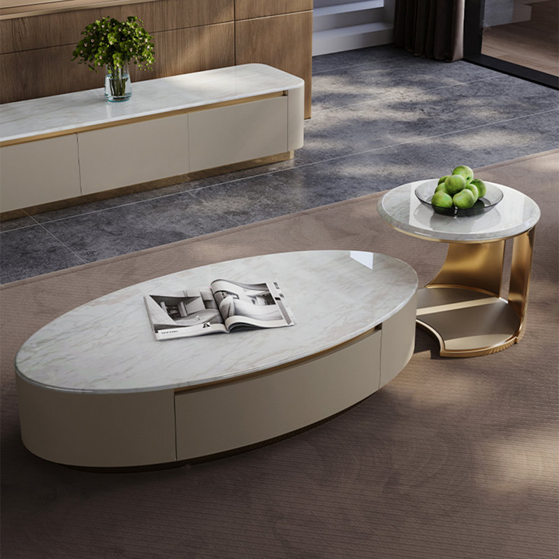 Light luxury oval marble coffee table, 15.7" H x 63" L x 31.5" W