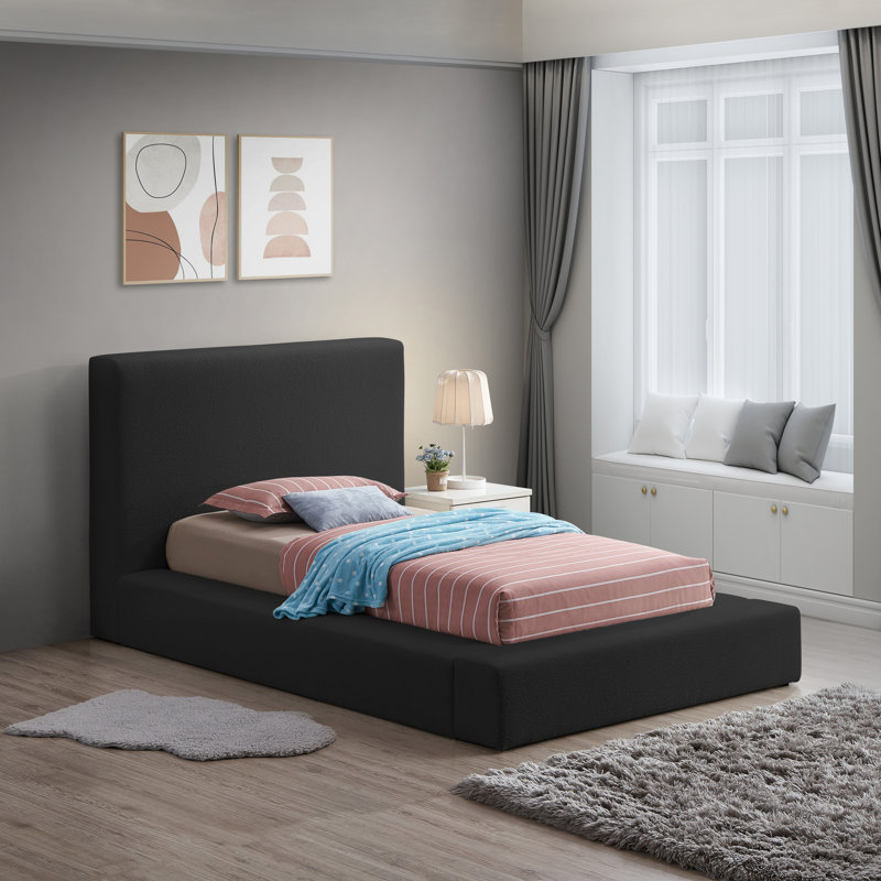 Issaias Upholstered Panel Storage Bed, Black Boucle Fabric, Twin