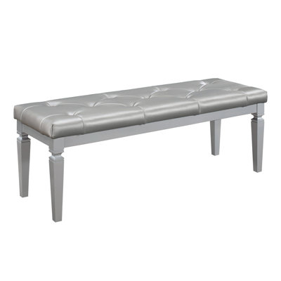 Modern Glam Silver Finish 1pc Bench Tufted Seat Foam Cushioned Faux Leather Upholstery Bedroom Furniture Home Decor