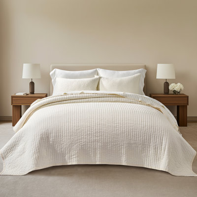 Oversized Cotton Sateen Channel Stitch Quilt Set - 3 Pieces King/Queen Bedding Comforter Set with Pillow Shams, All Season Lightweight Bedspread