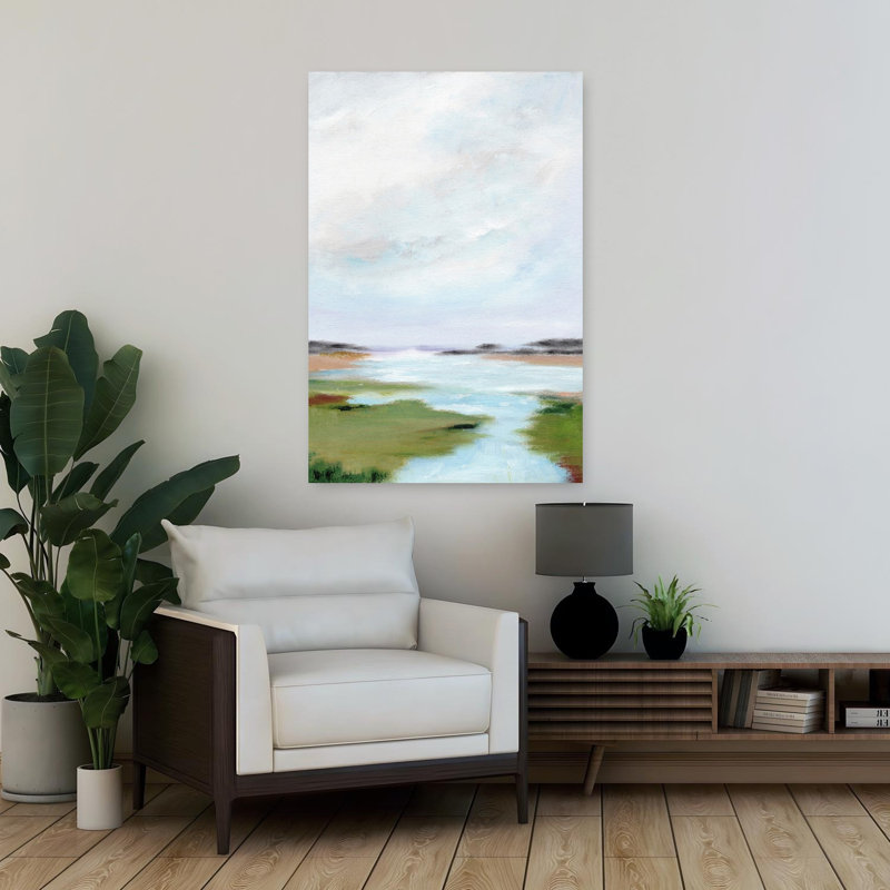 «Serene Marsh Landscape», impressionnant paysage pacifique côtier impressionniste, 36" H x 24" W