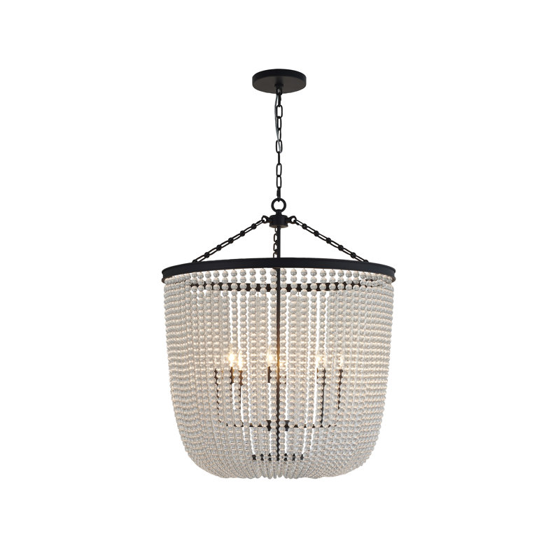 Lustre 8 lumières en satin noir avec verre suspendu perlé transparent, Noir satiné