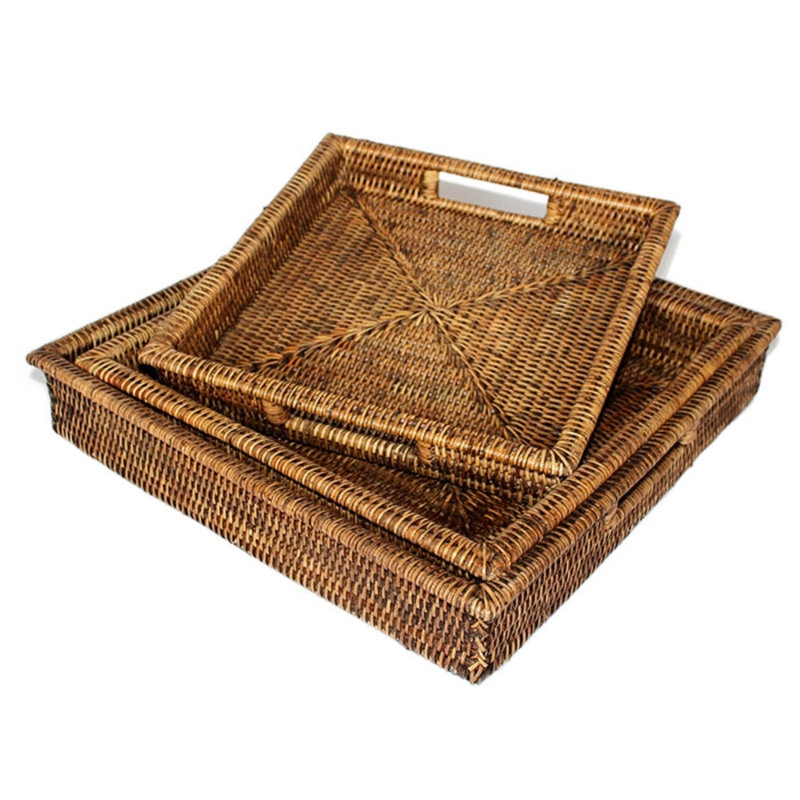 Ensemble de 3 plateaux carrés avec poignées, Brun antique