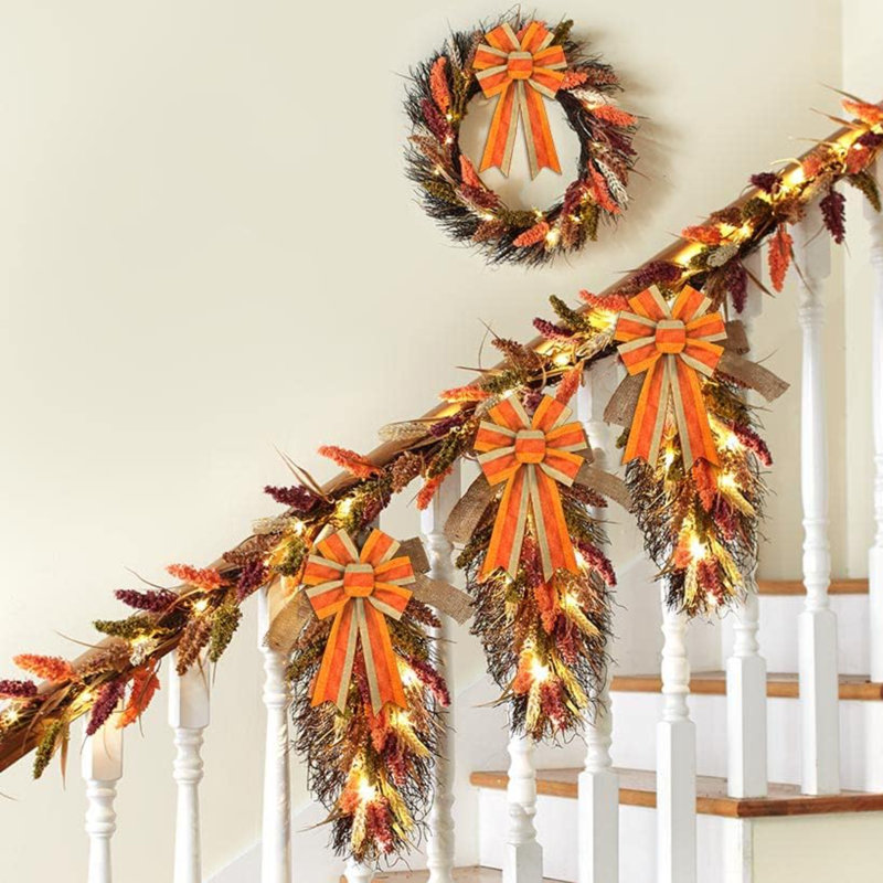 2pcs Fall Wreath Bows Thanksgiving Bows Orange Brown Strips Burlap Bows for Wreaths, Autumn Ribbon Bows Tree Topper Bows for Home Indoor Outdoor Decoration Wreath Ornament Supplies
