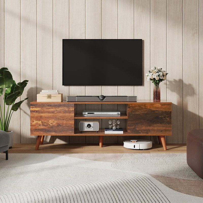 Meuble télé Mid-Century de 53,5 po pour téléviseur de 60 po ou moins Bria, meuble télé moderne avec tablette réglable et 2 grandes armoires, console média en bois pour le salon et la chambre à coucher