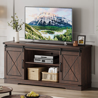 Farmhouse TV Stand for TVs Up to 65", Rustic Entertainment Center with Sliding Barn Doors, Storage Cabinets & Adjustable Shelf, Media Console for Living Room, Bedroom, Walnut Brown