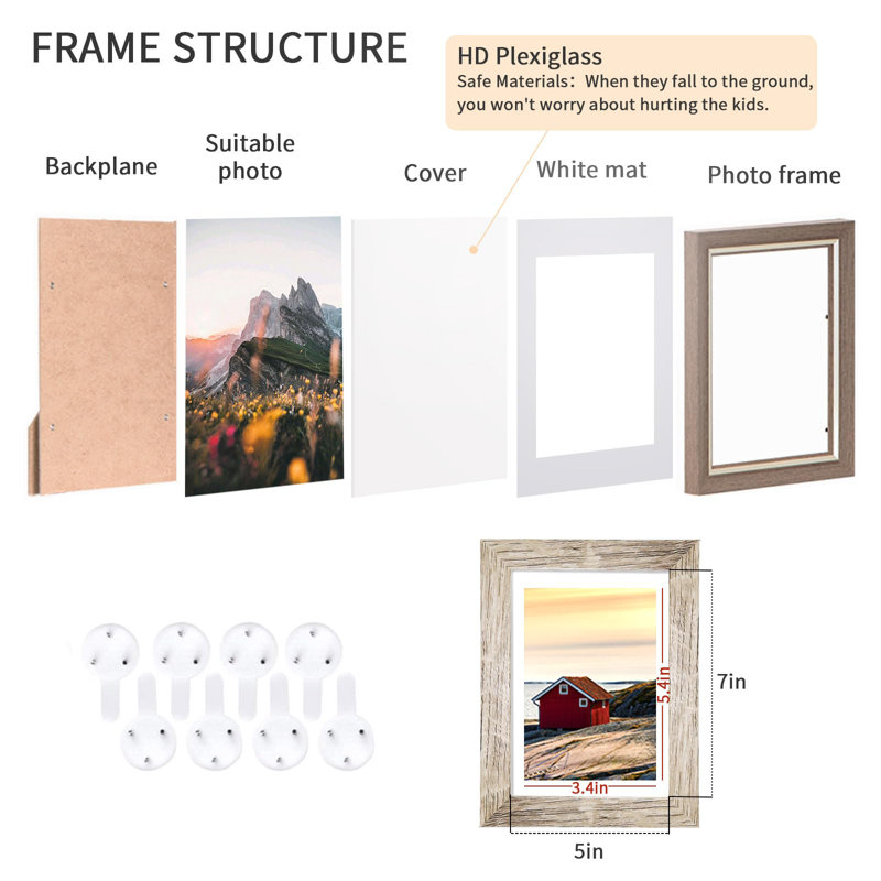 5X7 Picture Frames Set Of 8, Rustic Picture Frames Multi Wood-Color,Vertical And Horizontal Formats For Wall Hanging And Tabletop Display