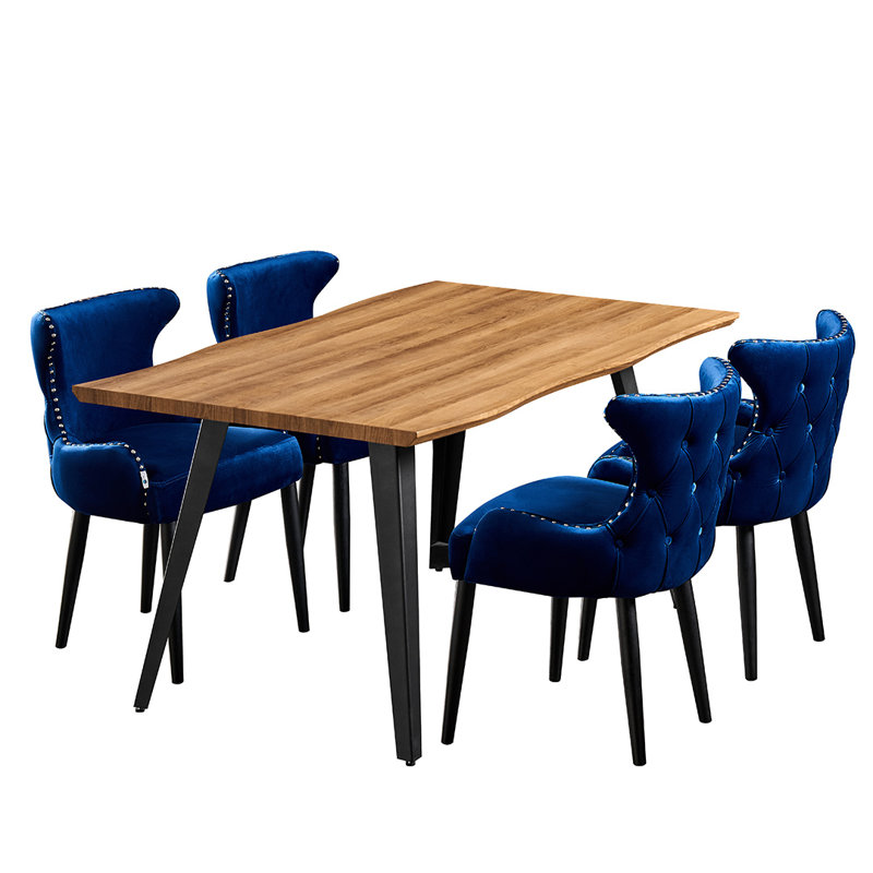 Ricky 4 Person Dining set - a Rectangular Wooden Dining Table with Metal Legs and a Set of 4 Quilted Velvet Dining Chairs for Dining Room - Modern Dining Table Set