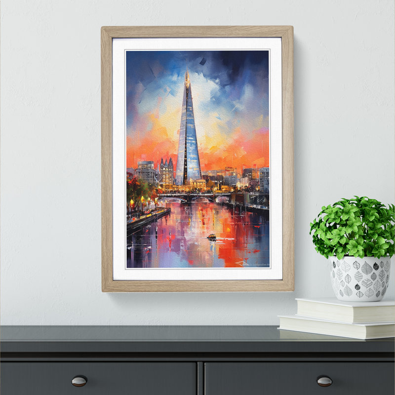 XYZ-FRM-V1223-6139 The Shard Action Painting No.3 - Single Picture Frame Print on Wood, 34cm H x 25cm W x 2cm D, Oak 