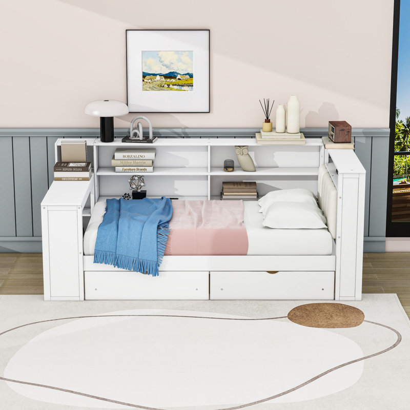 Daybed with LED Lighting, Built-in Storage Drawer, Shelves,Desk, and Charging Station, Twin, White Beige