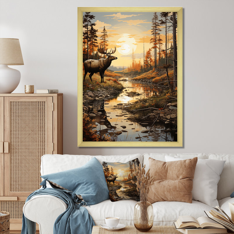 «Yancarlos Brown Yellow Moose Majestic Pastoral III», reproduction sur toile, H 32 po x l 24 po x P 1 po, Cadre flottant doré