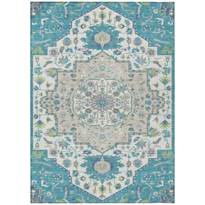 HomeRoots 8' X 10' Teal Blue Oriental Washable Indoor Outdoor Area Rug