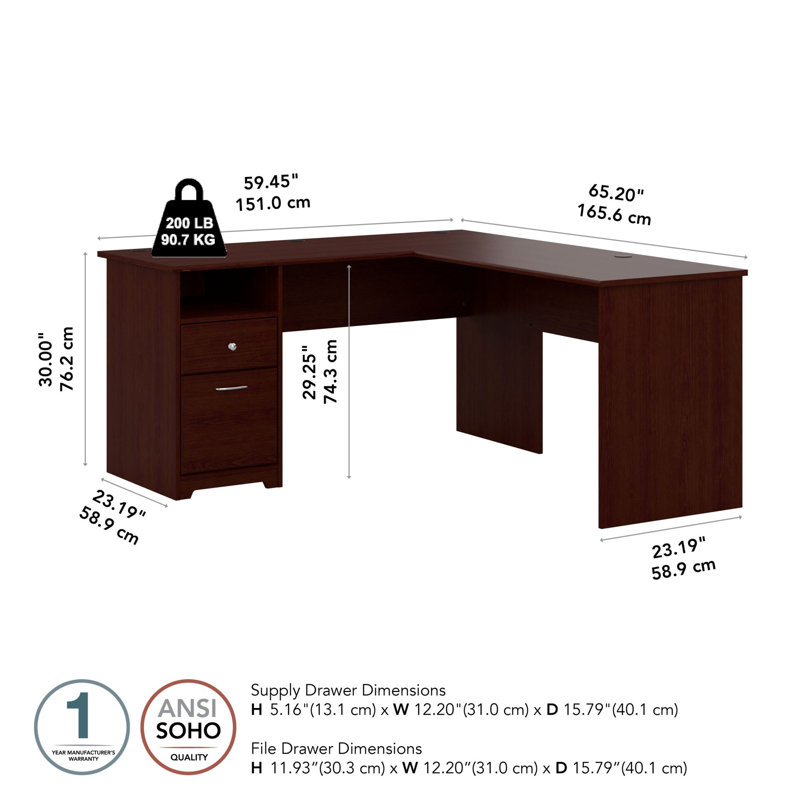 Bureau d'ordinateur en L Ozro, Cerisier moisson, H 30 po x l 60 po x P 65,2 po