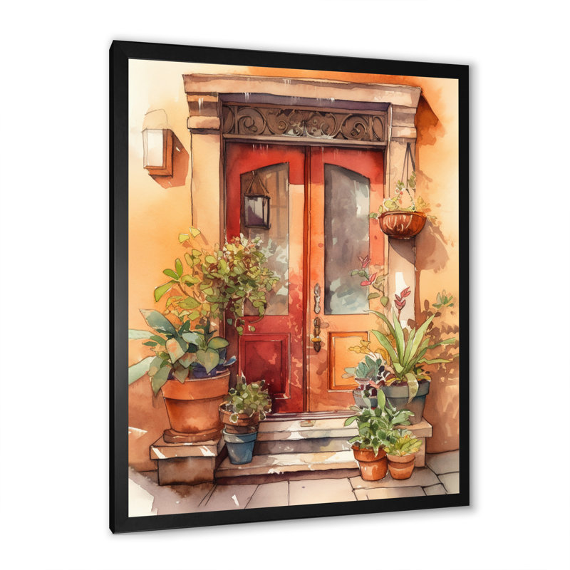 Porte d'entrée de jardin rouge et beige Sissel sur toile, Cadre photo noir, H 20 po x l 12 po x P 1 po