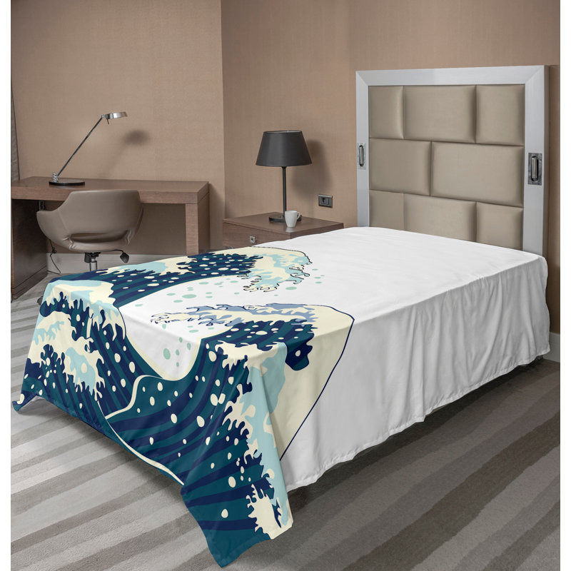 Ambesonne Japanese Top Flat Sheet Ocean Surfing Aquatic Dark Blue White, Twin