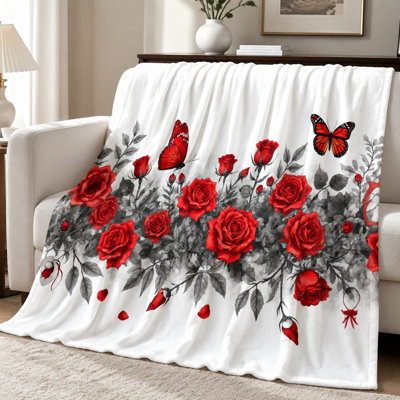 Plaid en flanelle à motif papillons et roses, roses rouges éclatantes et papillons délicats avec accents noirs et blancs, ultra doux, respirant, toutes saisons, agréable au toucher, lavable à la machine, décoratif, pour canapé, salon et chambre