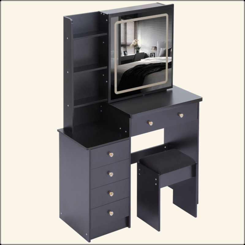 37" Middle Size Left Bedside Cabinet Vanity Table + Cushioned Stool Dresser Set, 2 AC+2 USB Socket, Hair Dryer Stand, Large Touch Control LED Sliding Mirror, 3-Color Switch, EPA, GCC, UL Certificate