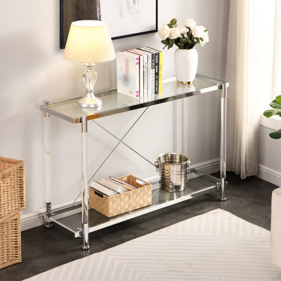 Console de 42,69 po avec pieds en verre et en acrylique, 2 tablettes de rangement, cadre en fer dans le salon, meubles de chambre à coucher, 42,69 po