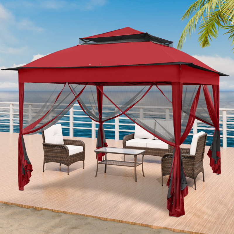 11 Ft. W x 11 Ft. D Outdoor Pop Up Soft Top Steel Patio Gazebo with Netting, Red