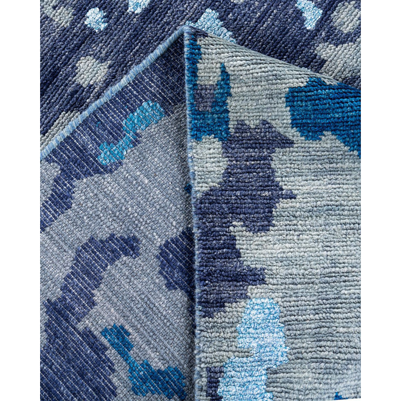 Modern Blue and Gray Hand-Knotted Wool Silk Area Rug