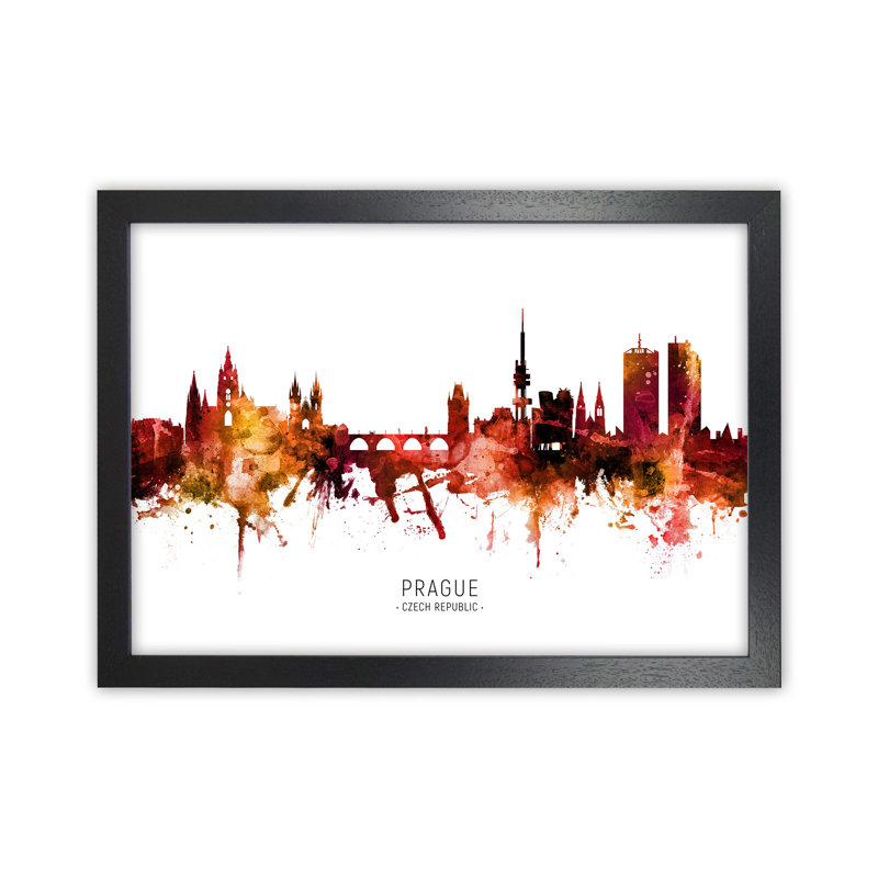 Prague Czech Republic Skyline Red City Name by Michael Tompsett - Print, 34cm H x 46cm W x 3cm D, Black Framed